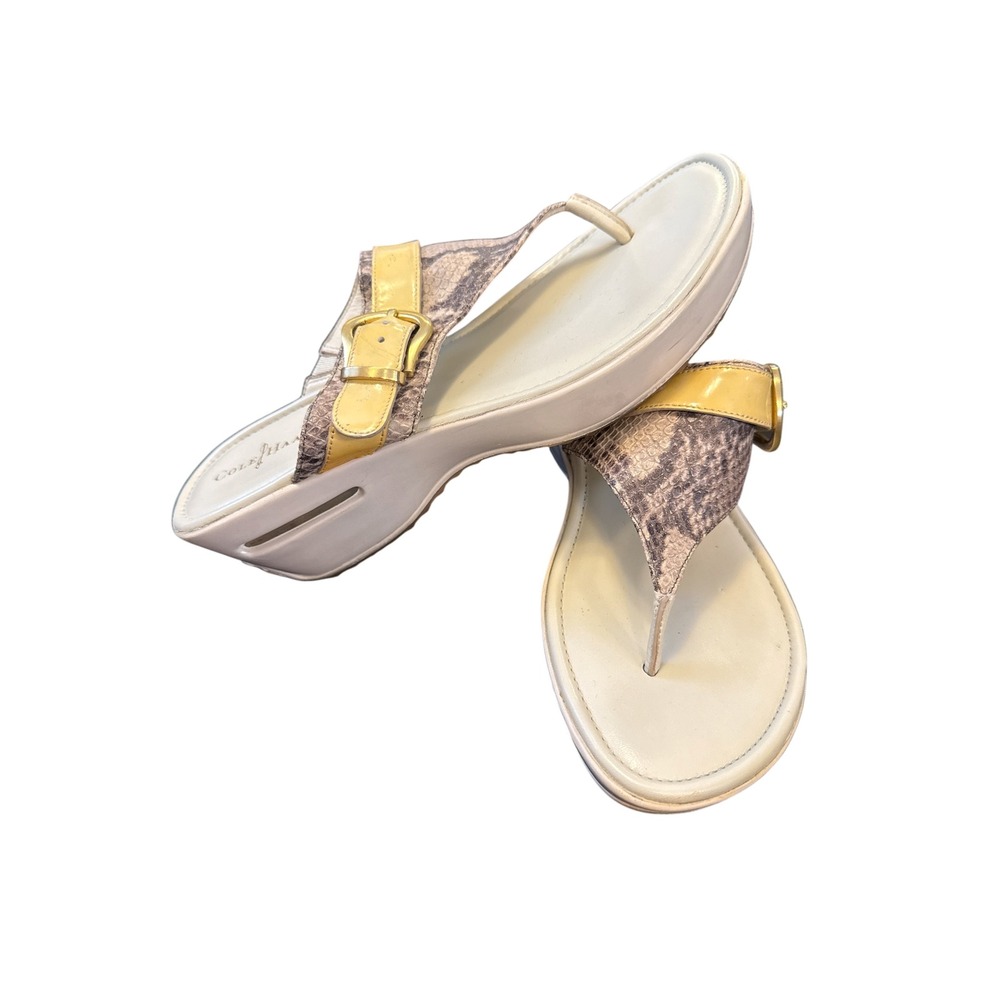 Cole‎ Haan Wedge Sandals Womens 9.5 Beige Yellow Snakeskin Print Thong D37054